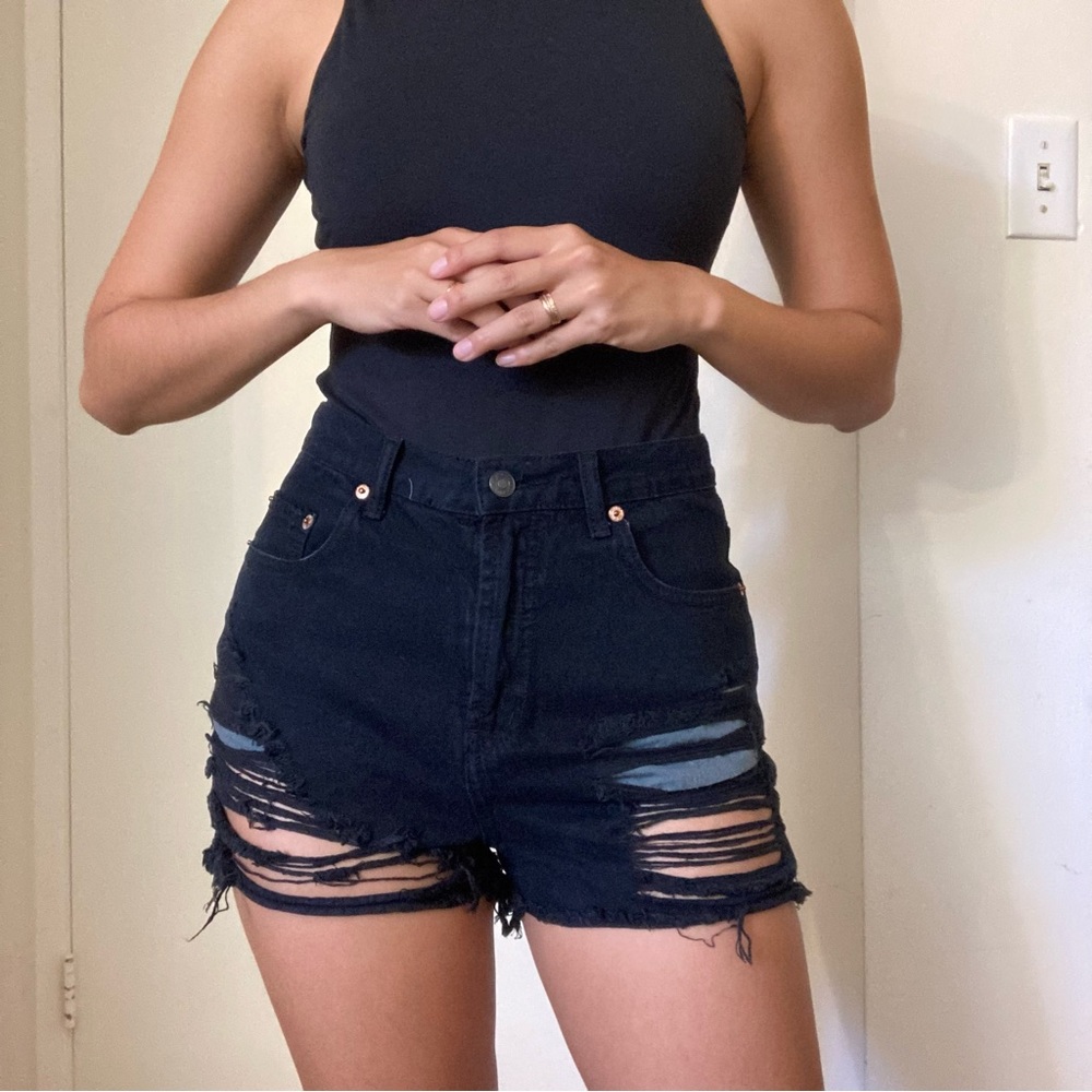 Dark Grey Distressed High Waisted Shorts